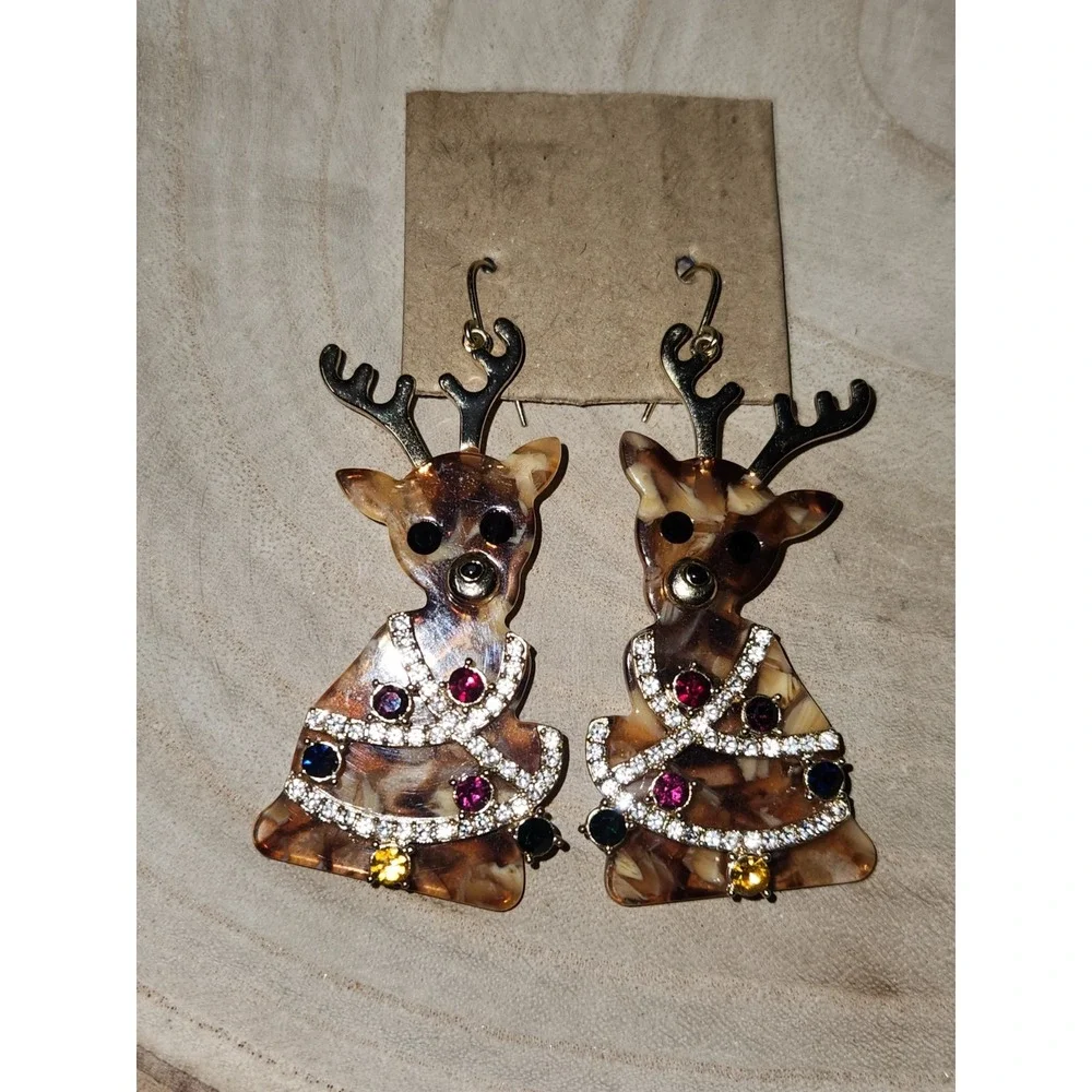 INC Christmas Reindeer Drop Earrings Gold Tone Jeweled Stone Holiday Dangle